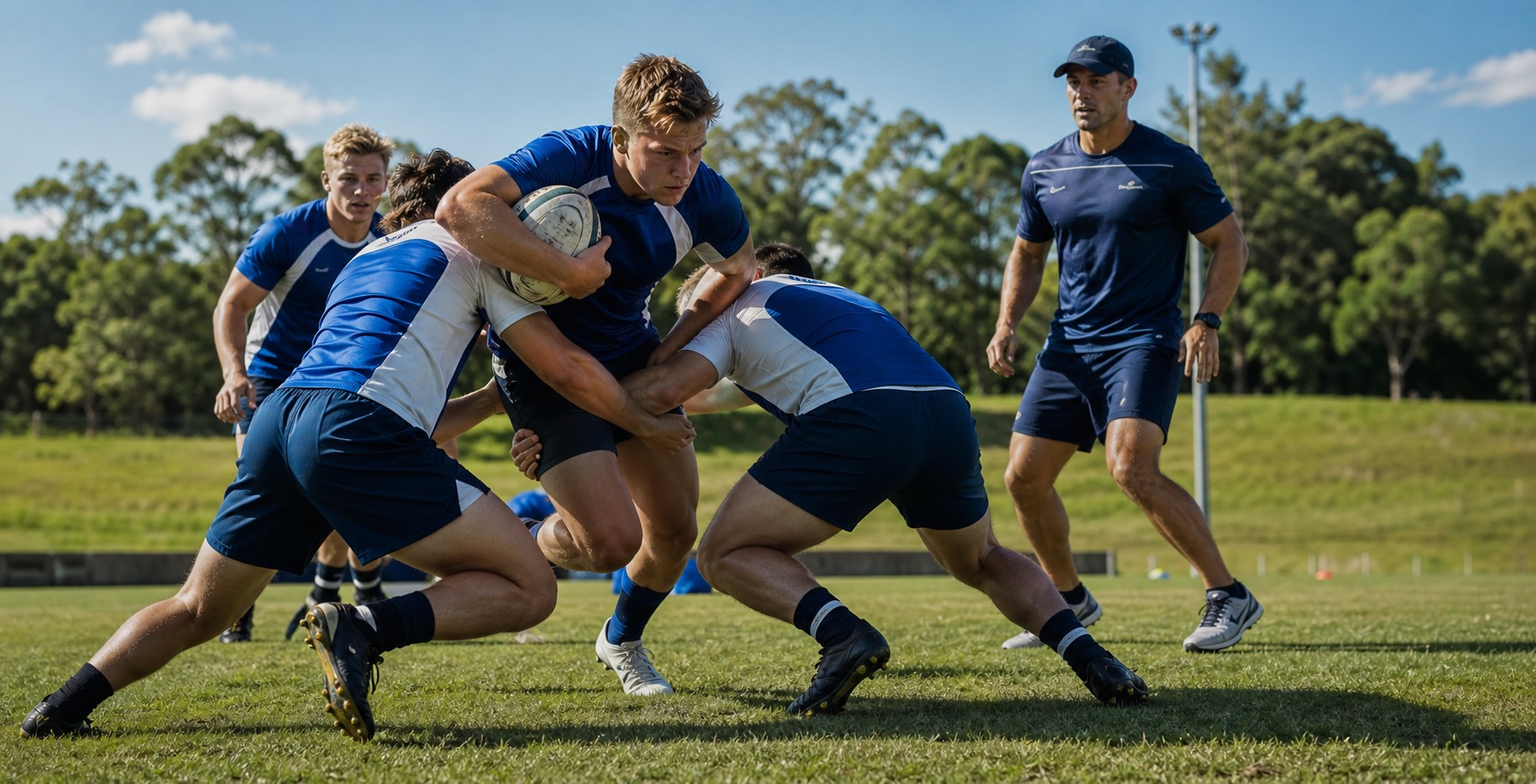 Rugby athletes working through a controlled contact drill.